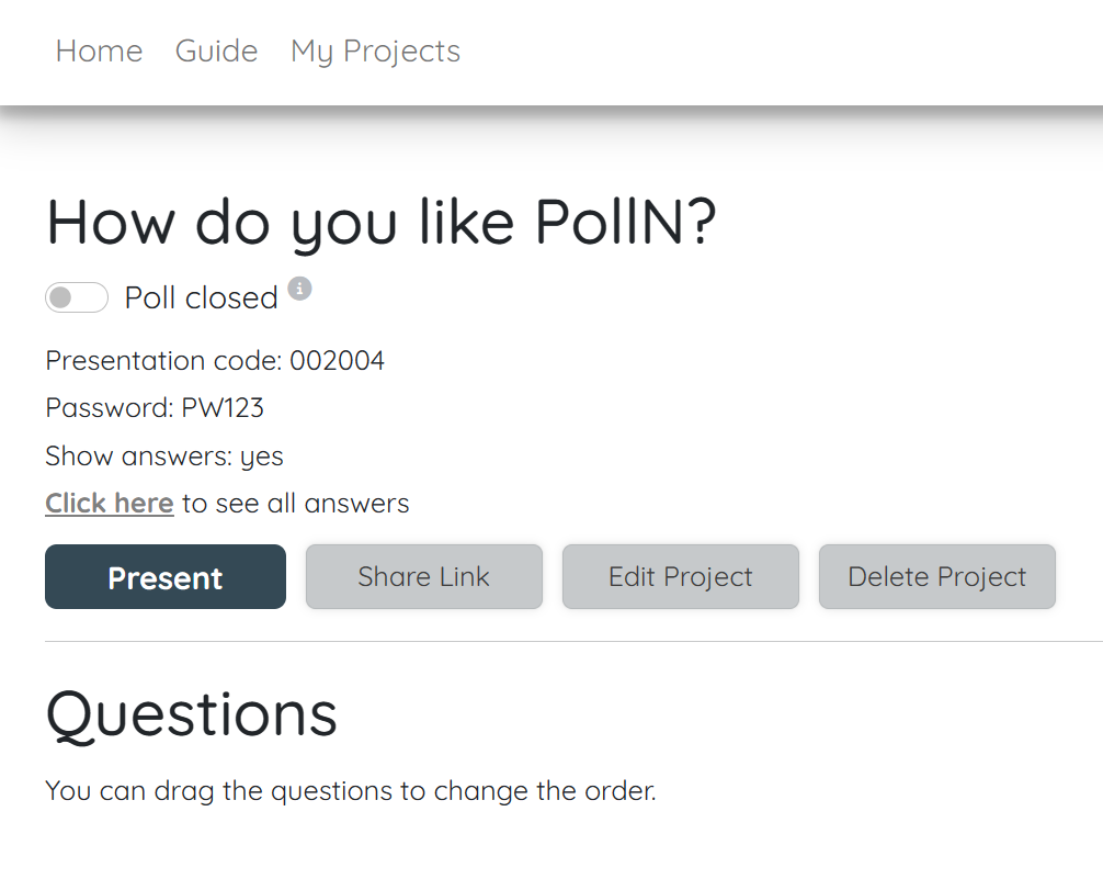 Project page showing poll swich closed and 'click here' link